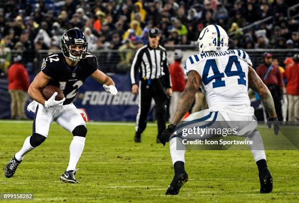 Baltimore Ravens wide receiver Michael Campanaro in action against Indianapolis Colts inside linebacker Antonio Morrison on December 23 at M&T Bank...