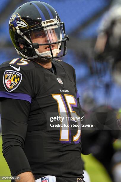 Baltimore Ravens quarterback Ryan Mallett warms up on December 23 at M&T Bank Stadium in Baltimore, MD. The Baltimore Ravens defeated the...