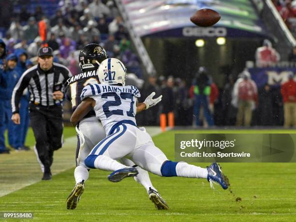 Indianapolis Colts cornerback Nate Hairston is called for pass interference on Baltimore Ravens wide receiver Michael Campanaro in action against xx...