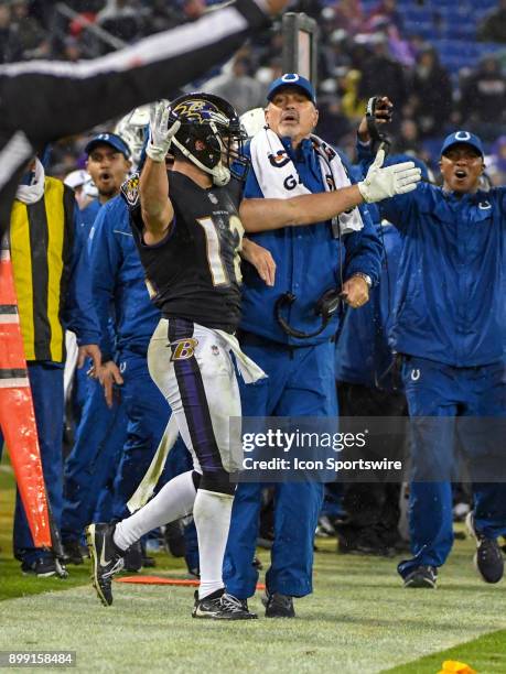 Indianapolis Colts head coach Chuck Pagano reacts to pass interference call on the coverage of Baltimore Ravens wide receiver Michael Campanaro on...