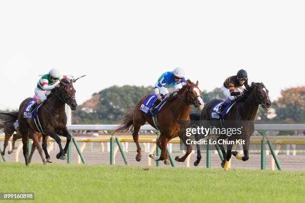 Hugh Bowman on Cheval Grand, Christophe Lemaire on Rey de Oro and Yutaka Take on Kitasan Black during the Japan Cup in association with Longines at...