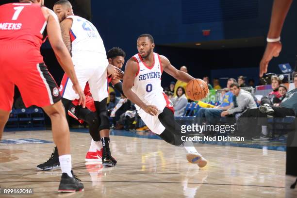 Jacob Pullen of the Delaware 87ers drives against the 905 Raptors during a G-League at the Bob Carpenter Center in Newark, Delaware on December 27,...