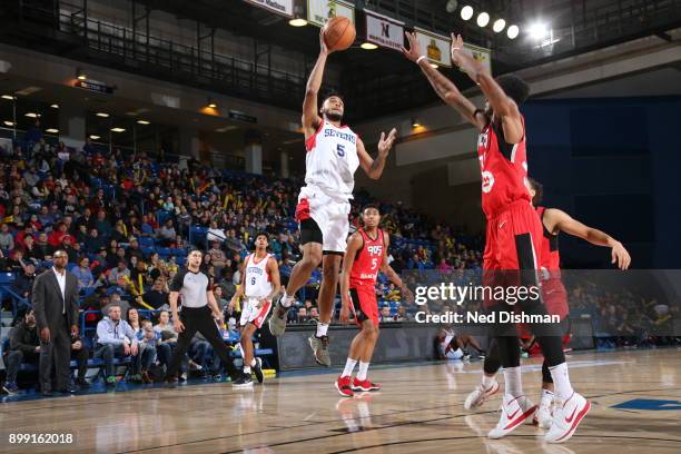 Darin Johnson of the Delaware 87ers shoots the ball against the 905 Raptors during a G-League at the Bob Carpenter Center in Newark, Delaware on...