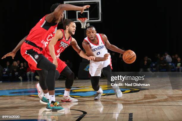 Jacob Pullen of the Delaware 87ers drives against the 905 Raptors during a G-League at the Bob Carpenter Center in Newark, Delaware on December 27,...