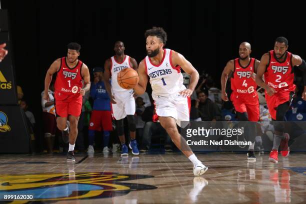 James Blackmon Jr. #1 of the Delaware 87ers dribbles the ball against the 905 Raptors during a G-League at the Bob Carpenter Center in Newark,...