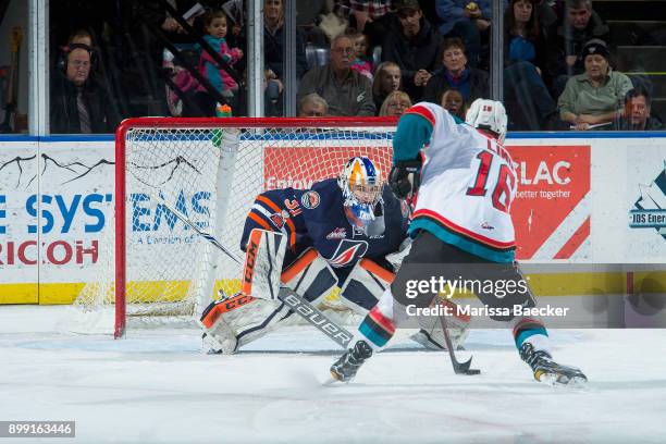 Kole Lind of the Kelowna Rockets skates with the puck during a first period penalty shot on Dylan Ferguson of the Kamloops Blazers on December 27,...