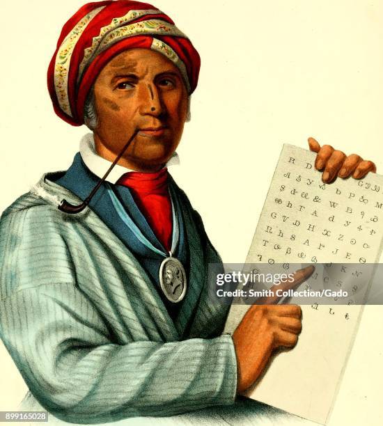 Color illustration of Se-quo-yah" or "Sequoyah, " inventor of the Cherokee syllabary, depicted wearing European dress, a turban, and a silver medal,...