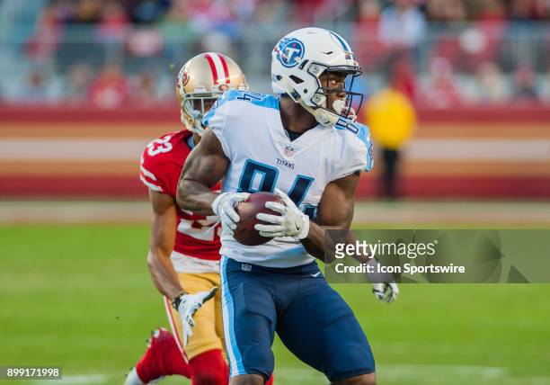 Tennessee Titans wide receiver Corey Davis turns his body up field during the game between the San Francisco 49ers and the Tennessee Titans on...