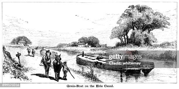 grain boat on the erie canal, new york state - tug barge stock illustrations