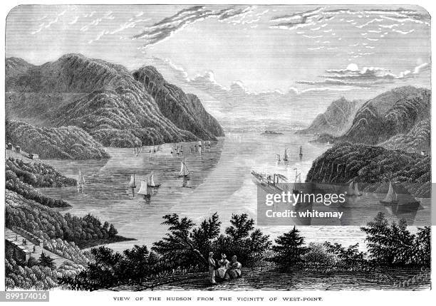view of the hudson river from the vicinity of west point - west point new york stock illustrations