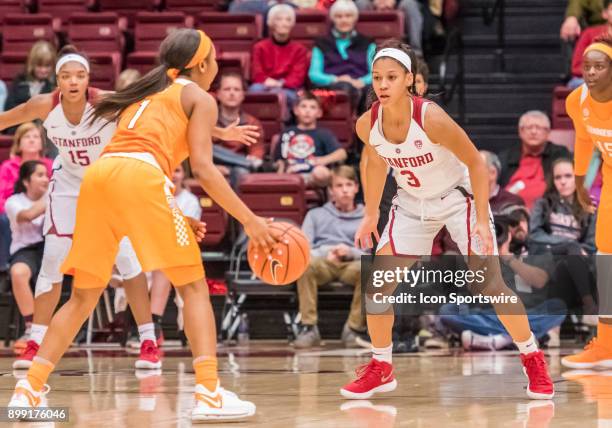 Stanford Cardinal guard Anna Wilson readies for a pass play during the game between the Tennessee Lady Volunteers verses the Stanford Cardinals on...