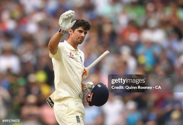 Alastair Cook of England celebrates making 200 runs during day three of the Fourth Test Match in the 2017/18 Ashes series between Australia and...