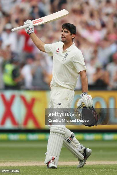 Alastair Cook of England hits the ball to bring up his double century during day three of the Fourth Test Match in the 2017/18 Ashes series between...