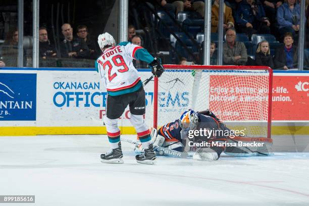 Dylan Ferguson of the Kamloops Blazers makes a save on a shoot out shot by Nolan Foote of the Kelowna Rockets on December 27, 2017 at Prospera Place...