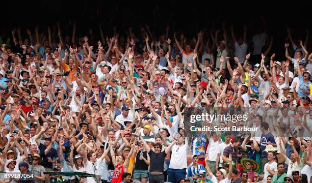 The Barmy Army celebrate in the crowd during day three of the Fourth Test Match in the 2017/18 Ashes series between Australia and England at...