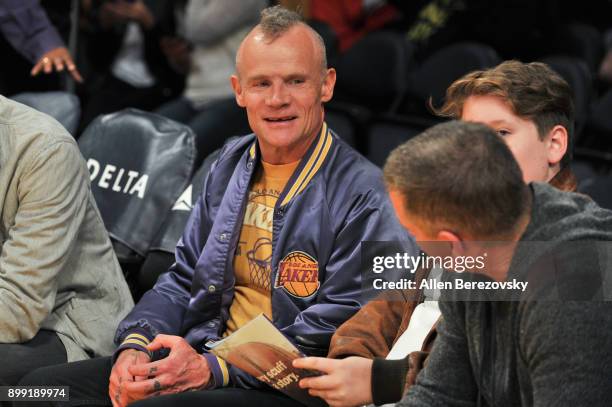Musician Flea attends a basketball game between the Los Angeles Lakers and the Memphis Grizzlies at Staples Center on December 27, 2017 in Los...