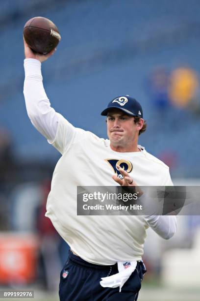 Sean Mannion of the Los Angeles Rams warming up before a game against the Tennessee Titans at Nissan Stadium on December 24, 2017 in Nashville,...