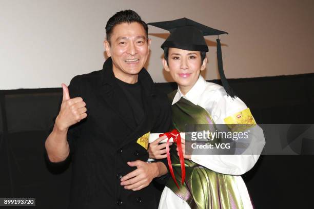 Actor Andy Lau and director/actress Sandra Ng attend the premiere of film "The Monsters' Bell" on December 27, 2017 in Hong Kong, China.