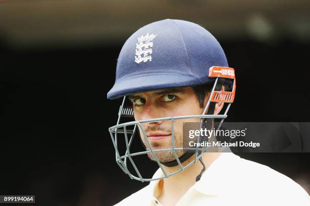 Alastair Cook of England walks out to bat during day three of the Fourth Test Match in the 2017/18 Ashes series between Australia and England at...