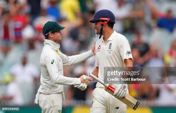 Steve Smith, captain of Australia shakes hands and congratulates Alastair Cook of England as he leaves the field after the final ball of day three of...