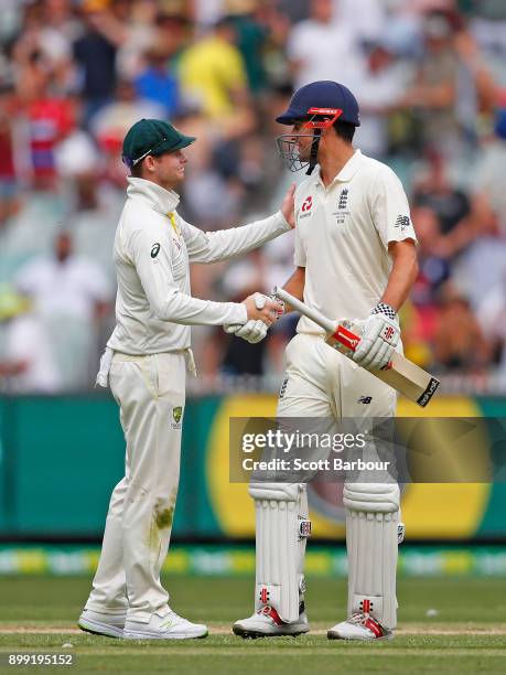 Steve Smith, captain of Australia shakes hands and congratulates Alastair Cook of England as he leaves the field after the final ball of day three of...