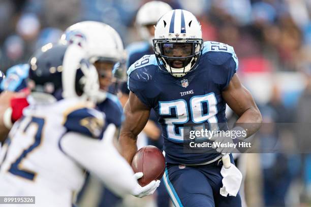 DeMarco Murray of the Tennessee Titans runs the ball during a game against the Los Angeles Rams at Nissan Stadium on December 24, 2017 in Nashville,...