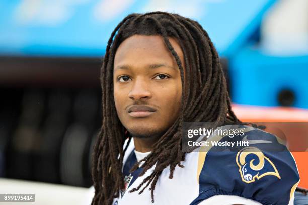 Marqui Christian of the Los Angeles Rams on the sidelines during a game against the Tennessee Titans at Nissan Stadium on December 24, 2017 in...