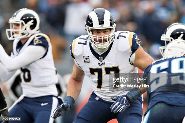 Andrew Whitworth of the Los Angeles Rams drops back to block during a game against the Tennessee Titans at Nissan Stadium on December 24, 2017 in...