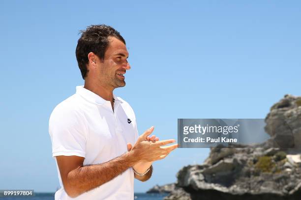 Roger Federer of Switzerland addresses the media at Rottnest Island ahead of the 2018 Hopman Cup on December 28, 2017 in Perth, Australia.