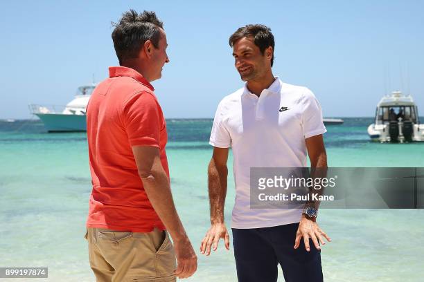 Roger Federer of Switzerland talks with Western Australian Premier Mark McGowan at Rottnest Island ahead of the 2018 Hopman Cup on December 28, 2017...