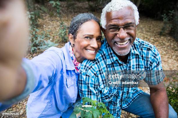 senior black couple gardening taking a selfie - couple gardening stock pictures, royalty-free photos & images