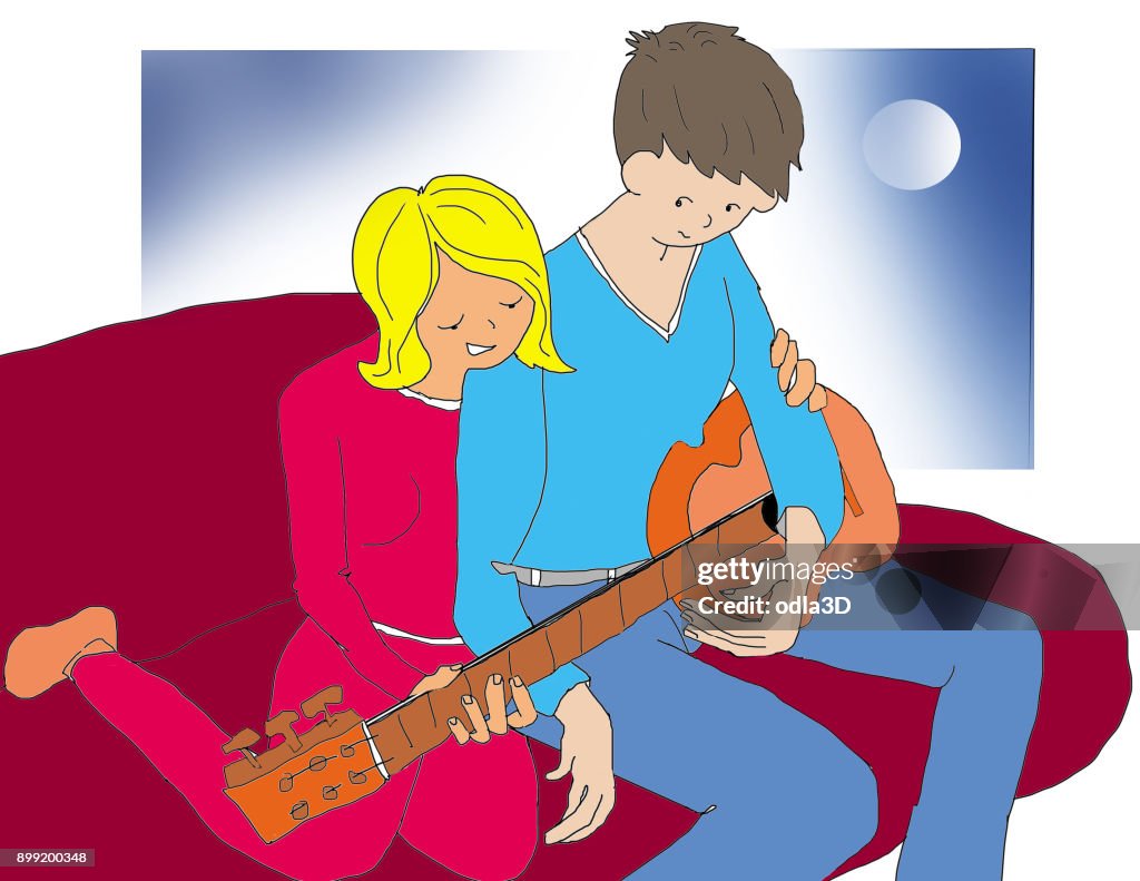 Couple studying guitar
