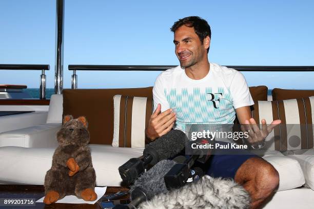 Roger Federer of Switzerland addresses the media on board Anya at Rottnest Island ahead of the 2018 Hopman Cup on December 28, 2017 in Perth,...