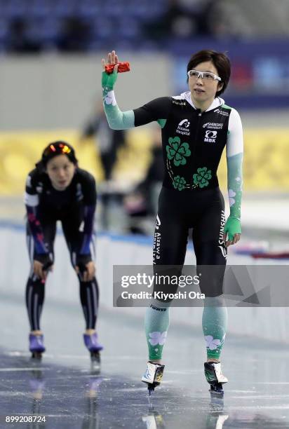 Nao Kodaira reacts after competing with Miho Takagi in the Ladies' 1000m during day two of the Speed Skating PyeongChang Winter Olympics qualifier at...