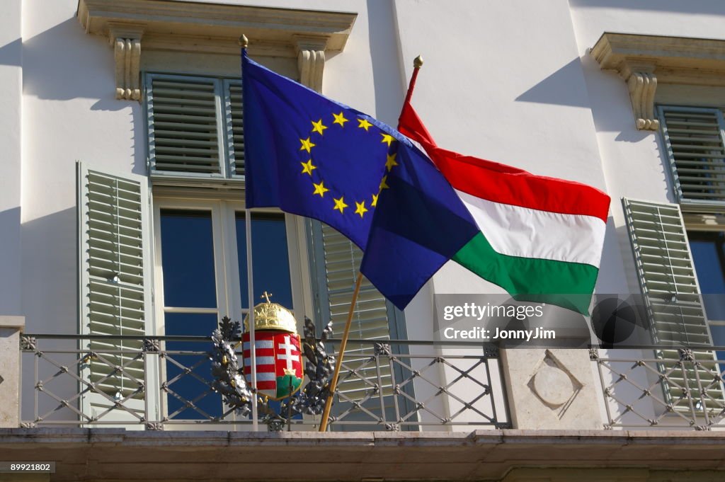 Hungarian and EU flags in Budapest