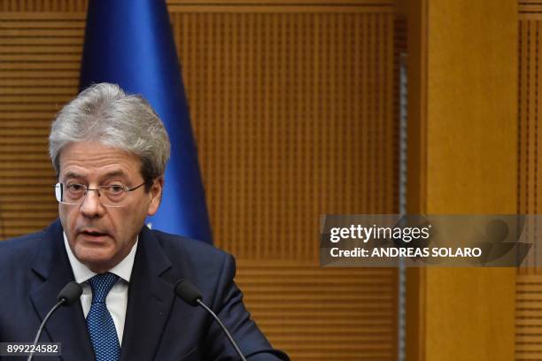 Italian Prime Minister Paolo Gentiloni delivers a speech during the end-of-year press conference, at "Auletta" of the parliamentary groups of the...