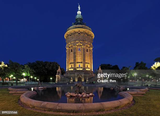 water tower mannheim (wasserturm mannheim) at blue hour - baden-württemberg/ germany - mannheim stock pictures, royalty-free photos & images
