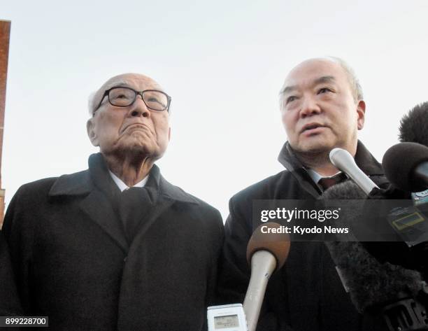 Terumi Tanaka and Toshiki Fujimori, survivors of the U.S. Atomic bombings of Nagasaki and Hiroshima, meet the press after attending the award...