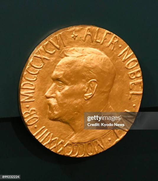 Photo taken on Dec. 10, 2017 shows a plate inscribed with the profile of Alfred Nobel, the Swedish chemist who invented dynamite and instituted the...