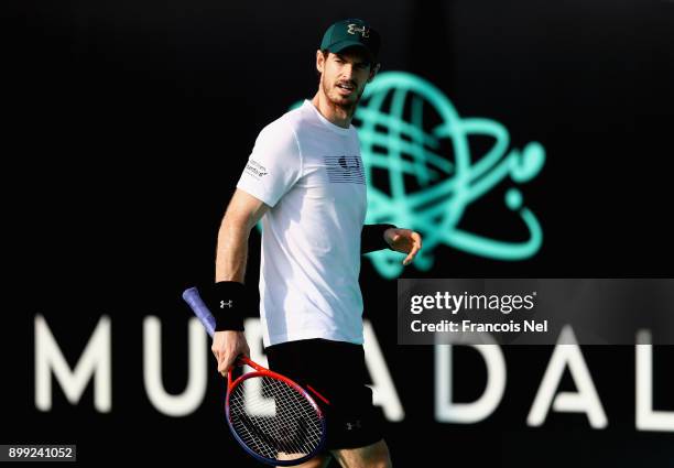 Andy Murray of Great Britain practice during the Mubadala World Tennis Championship at International Tennis Centre Zayed Sports City on December 28,...