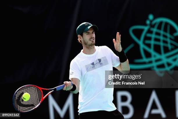 Andy Murray of Great Britain practice during the Mubadala World Tennis Championship at International Tennis Centre Zayed Sports City on December 28,...