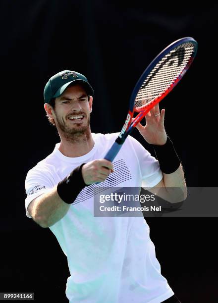 Andy Murray of Great Britain practice during the Mubadala World Tennis Championship at International Tennis Centre Zayed Sports City on December 28,...