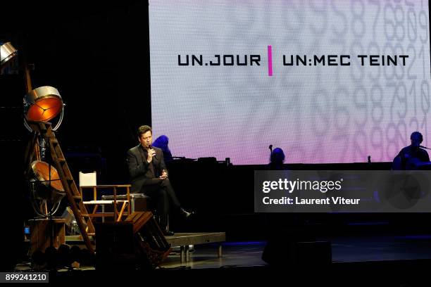 Laurent Gerra imitates Laurent Delahousse during "Laurent Gerra Sans Moderation" Show at L'Olympia on December 26, 2017 in Paris, France.