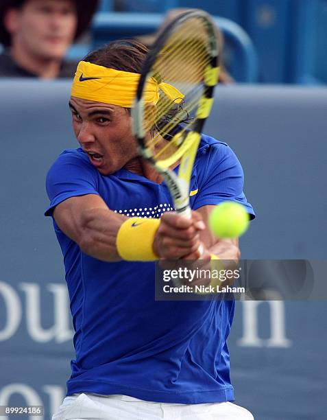 Rafael Nadal of Spain hits a backhand against Andreas Seppi of Italy during day three of the Western & Southern Financial Group Masters on August 19,...