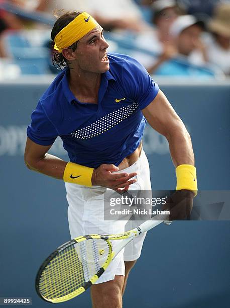 Rafael Nadal of Spain serves to Andreas Seppi of Italy during day three of the Western & Southern Financial Group Masters on August 19, 2009 at the...