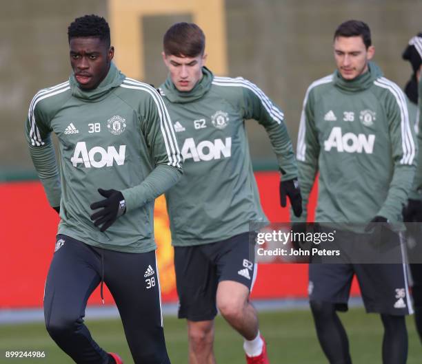 Axel Tuanzebe of Manchester United in action during a first team training session at Aon Training Complex on December 28, 2017 in Manchester, England.