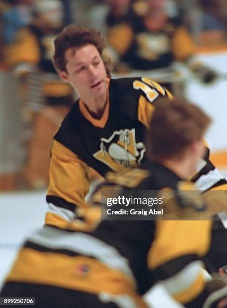 Ron Duguay of the Pittsburg Penguins skates against the Toronto Maple Leafs during NHL game action on December 13, 1986 at Maple Leaf Gardens in...