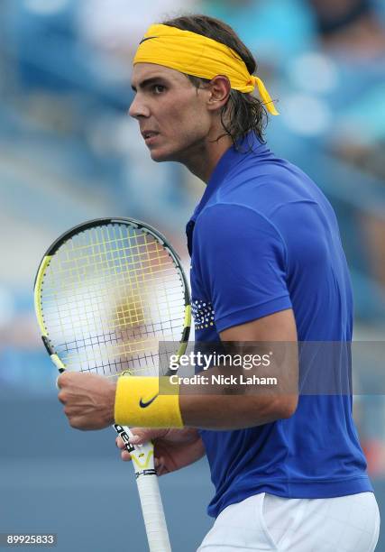 Rafael Nadal of Spain celebrates a point against Andreas Seppi of Italy during day three of the Western & Southern Financial Group Masters on August...