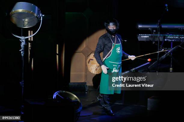 Laurent Gerra imitates TV Presenter Laurent Delahousse during "Laurent Gerra Sans Moderation" at L'Olympia on December 27, 2017 in Paris, France.