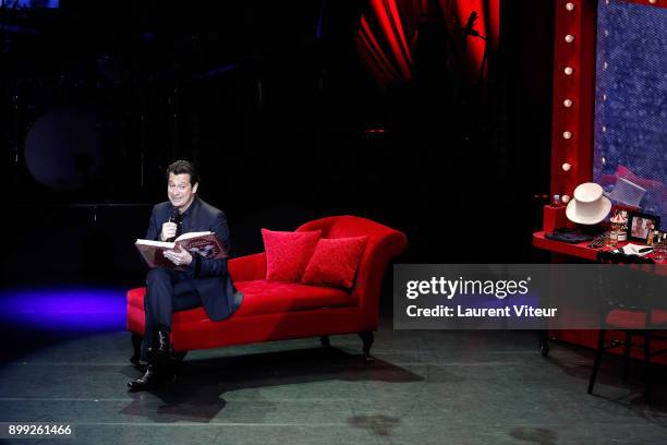 Laurent Gerra imitates Singer Celine Dion during "Laurent Gerra Sans Moderation" at L'Olympia on December 27, 2017 in Paris, France.